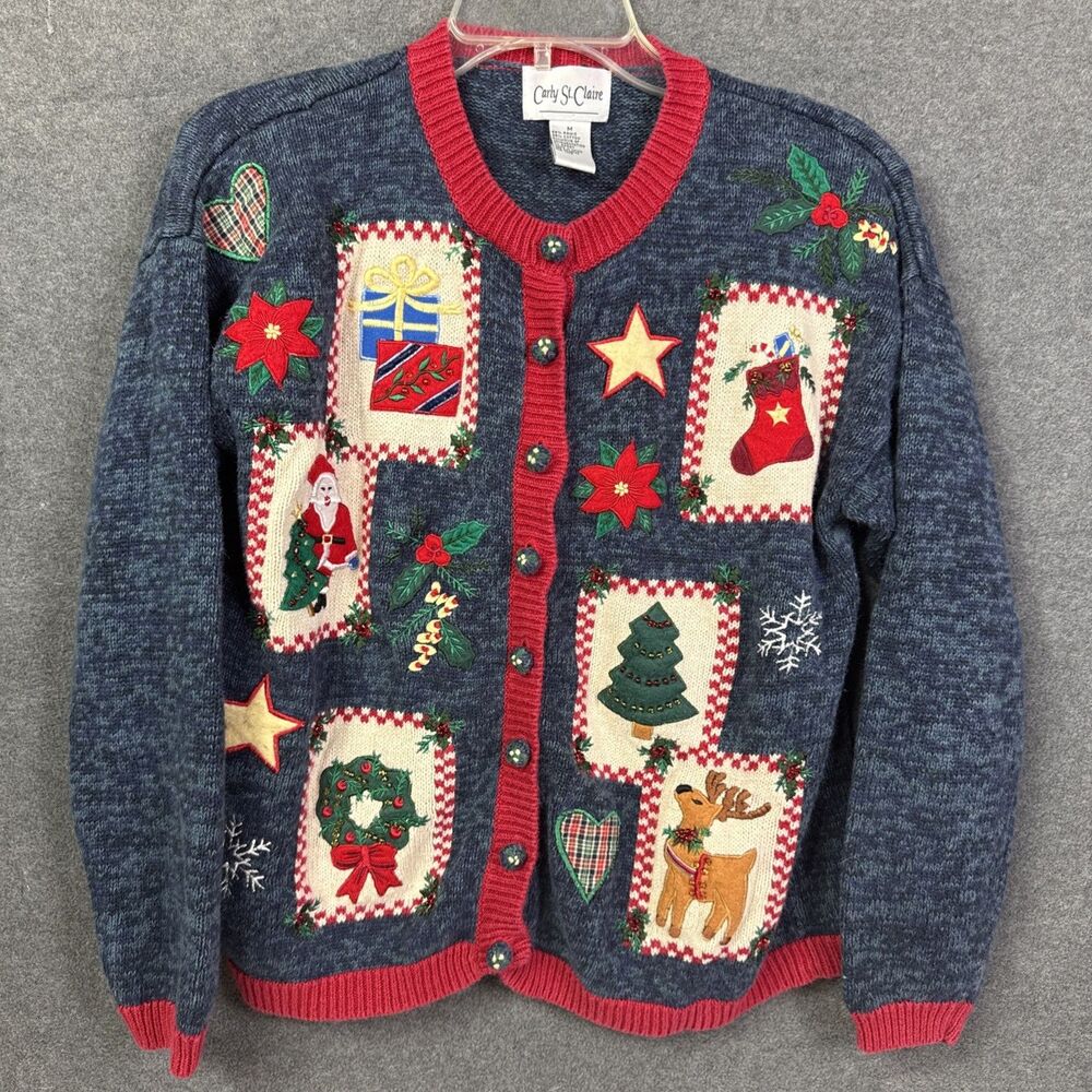 Vintage Christmas Cardigan Womens Size Medium Blue Holiday Carly St Claire